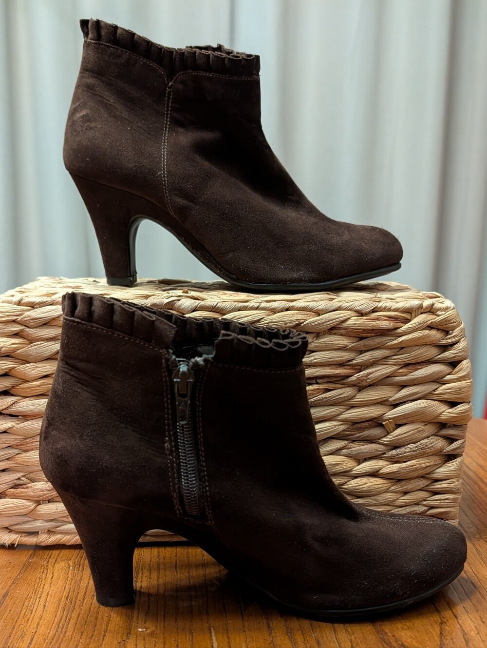 Areosole Classic Women's Chocolate Brown Suede Ankle Booties with Ruffle Collar